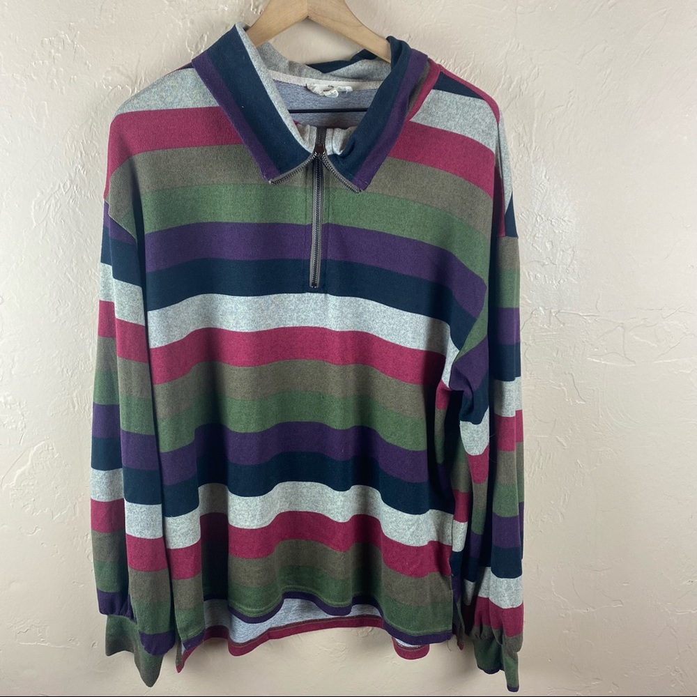 Y2K 1990s Entro Striped Quarter Zip Sweater Pink Purple Multicolor Large Collar